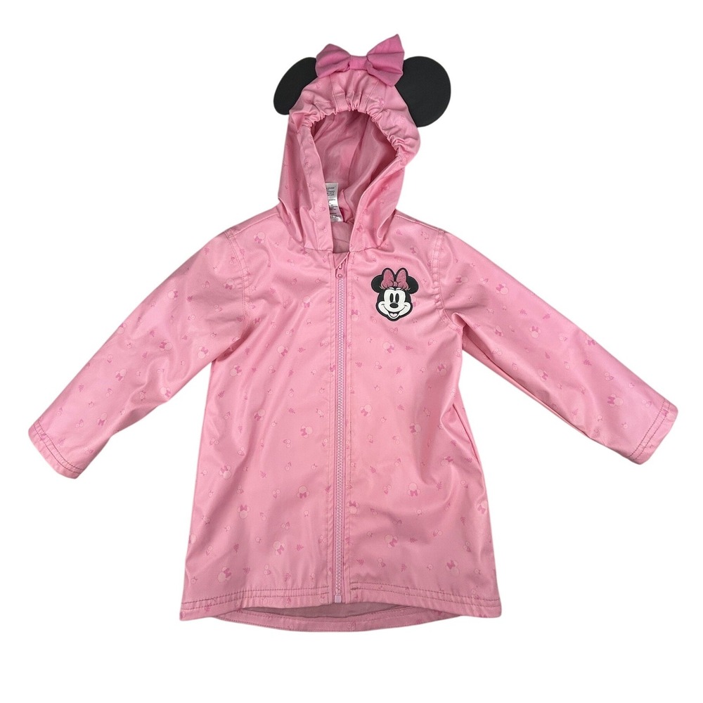 Disney Junior Minnie Mouse‎ Raincoat Girls 4T Pink Hooded Ears Bow Rain Jacket
